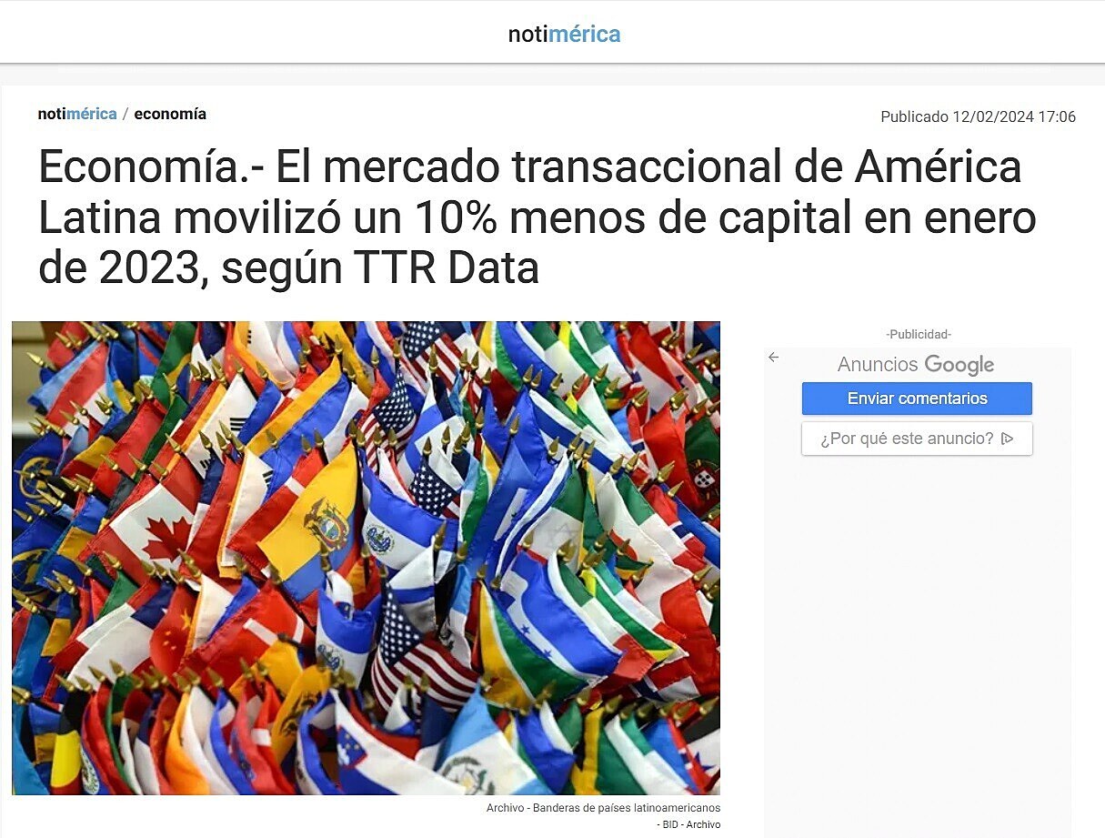 Economa.- El mercado transaccional de Amrica Latina moviliz un 10% menos de capital en enero de 2023, segn TTR Data